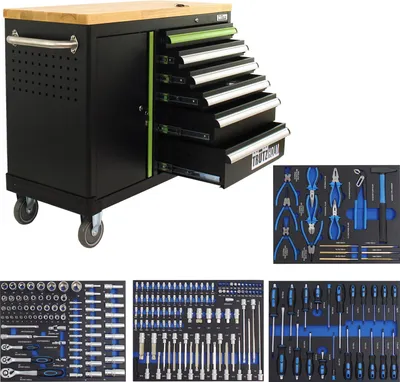 Produktbild von Werkstattwagen DELUXE 6 Schubladen + Tür - 219 tlg. bestückt Werkzeugwagen Anthrazit/grün