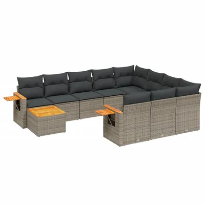 Produktbild von Garten-Sofagarnitur 11-tlg., modular, Lounge-Set mit Kissen, Poly Rattan Grau, Akazienholz-Tischplatte, UV-beständig, abnehmbare Bezüge