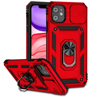 Obrázek produktu pro Pouzdro pro iPhone 11 dvouvrstvé pouzdro s posuvným krytem kamery a prstencovým stojánkem červené