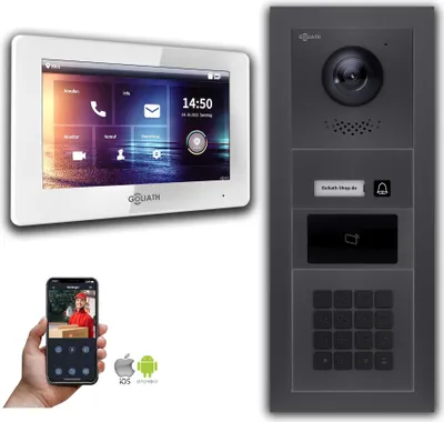 Produktbild von Goliath IP Video Türsprechanlage 7-Zoll 1-Monitor Zahlencode RFID Anthrazit : Aufputzdose : 7 Zoll in Weiß : 4er POE (Standard) Türklingel