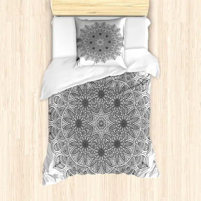 Produktbild von ABAKUHAUS Mandala Mantele, Mandala Blumen, Milbensicher Allergiker geeignet mit Kissenbezügen, 135 cm x 200 cm - 80 x 80 cm, Schwarz