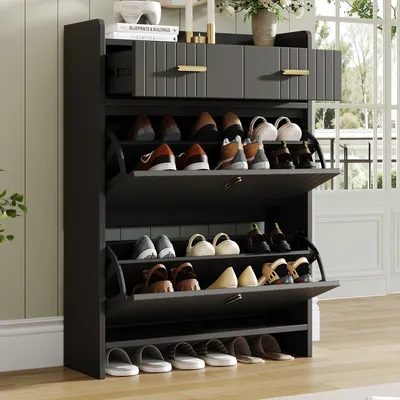 Produktbild von Schuhschrank mit Klappfächern und 2 Schublade moderner schmaler Schuhkipper mit 2 Ebenen Flur Schuhaufbewahrungsschrank für Eingangsbereich