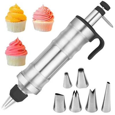 Immagine prodotto di Pistola per decorazioni in acciaio inossidabile con 6 bocchette, ideale per decorare torte, dolci e per montare la panna. Colore: nero