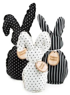 Produktbild von 3 große Osterhasen Figuren aus Stoff 17 - 27 cm Happy Easter schwarz weiß