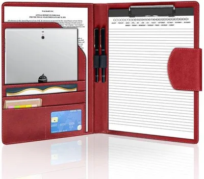 Immagine prodotto di Cartella da conferenza in pelle formato A4 con scomparti per documenti e blocco per appunti, rosso scuro