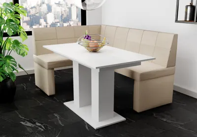 Produktbild von Eckbankgruppe 196x142 cm BLAKE XL R Stoff Soro Creme / Esstisch DANTE Weiß