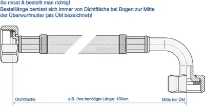 Produktbild von SFX® Flexschlauch DN13 - 1/2'ÜM x 1/2'ÜM mit 90°Bogen Edelstahl Panzerschlauch Trinkwasser, Länge:70 cm