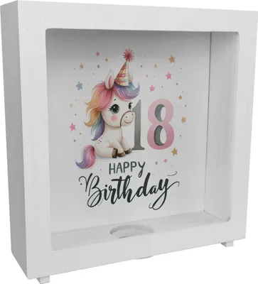 Produktbild von 18. Geburtstag mit niedlichem Pferd Rahmen Spardose aus Holz mit Spruch Happy