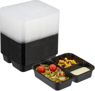 Image de Boîtes de conservation pour la préparation de repas - Lot de 24 - 3 compartiments - Adaptées au micro-ondes - Réutilisables - Boîtes en plastique avec couvercle - Noires