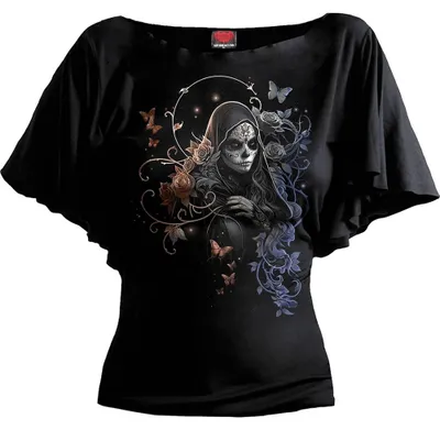 Produktbild von Spiral Direct - "Gothic Grace" Oberteil für Damen, U-Boot-Ausschnitt , Fledermaus-Ärmel RO16282 (M) (Schwarz)
