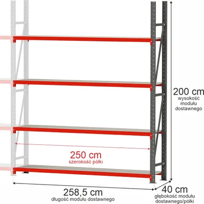 Zdjęcie produktu dla Regał metalowy magazynowy warsztatowy 4-półkowy Mega-M FORTIS 200x258,5x40 cm moduł dostawny 1000kg