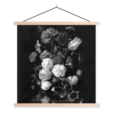 Obrázok produktu pre MuchoWow® Textilný plagát - Zátišie s kvetmi v sklenenej váze - Maľba od Jan Davidsz. de Heem - čiernobiela - 90x90cm - S hnedými lamelami