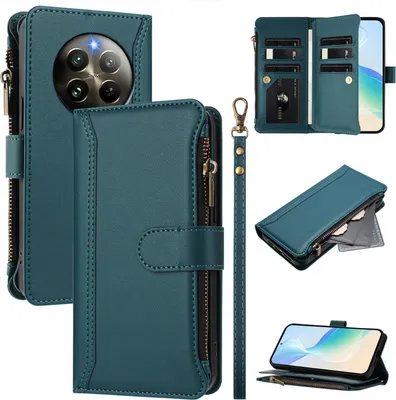 Image de Étui pour Realme 13 4G/Realme 12 4G, zippé, portefeuille étui à rabat en cuirPolyuréthaneavec poches pour cartes, support et boucle pour la main vert