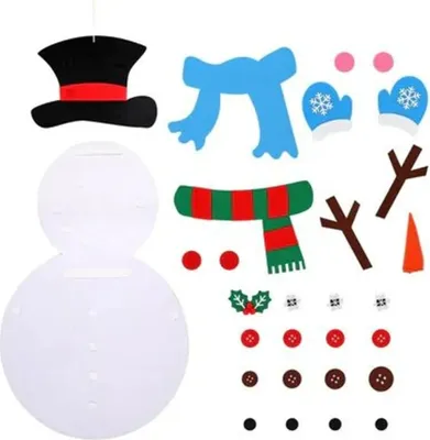A collection of felt cutouts for making a snowman decoration.