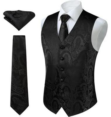 Productafbeelding van Herenset: Vest, das, zakdoek, paisley, bloemenprint, jacquard, maat 6XL, goud, 100% zijde