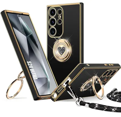 Image de Coque pour Samsung Galaxy S24 Ultra, Silicone Souple Anti-Rayures avec Cordon et Anneau Rotatif Brillant - Noir