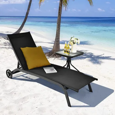 Produktbild von COSTWAY Sonnenliege Liegestuhl mit Rädern, Gartenliege mit Verstellbarer Rückenlehne, atmungsaktive Relaxliege für Garten Terrasse Strand Balkon, Outdoor-Liege bis 150kg belastbar (Schwarz)
