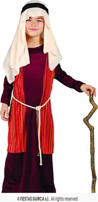 A child wearing a shepherd costume, holding a staff.