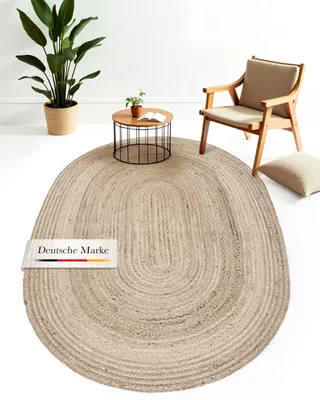 Produktbild von Juteteppich Nele Taupe handgewebt aus Jute 140x200 cm | Oval Naturfaserteppich im Boho Style für Wohnzimmer, Küche und im Flur