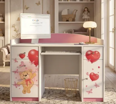 Obrázok produktu pre Detský písací stôl Happy Babies 125x89x60 Malý pracovný stôl do kancelárie, ružový počítačový stôl s odkladacou plochou na klávesnicu Detský nábytok so zásuvkami Deti, srdcia,
