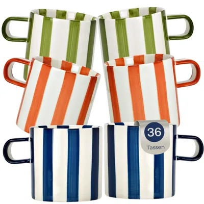 Image de Tasses en porcelaine 36 pièces, Tasses à thé à rayures Dopamin 240ml