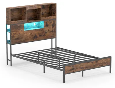 Image de COSTWAY, structure de lit double 140x220 cm, lit en métal avec éclairage LED, fonction de charge, tête de lit en bois, sommier à lattes et espace de rangement sous le lit, lit d'appoint, structure uniquement