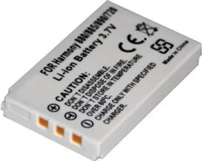 A white lithium-ion battery with orange contacts on a white background.
