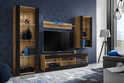 Produktbild von Komodee | Wohnwand mit TV-Schrank und Vitrine Tivoli Set Medio, Korpus Wotan Matt Frontfarbe Schwarz Matt, ohne LED