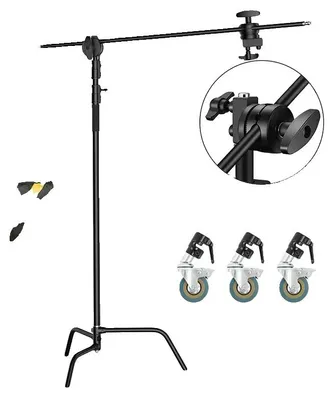 Image de Trépied de photographie en C, réglable en hauteur, en acier inoxydable durable, roue noire de 2,6 m