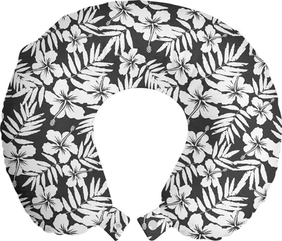 Produktbild von ABAKUHAUS Tropisch Reisekissen Nackenkissen, Exotische Hibiskus-Blume, Schaumstoff Reiseartikel für Flugzeug und Auto, 30x30 cm, Grau und Weiß