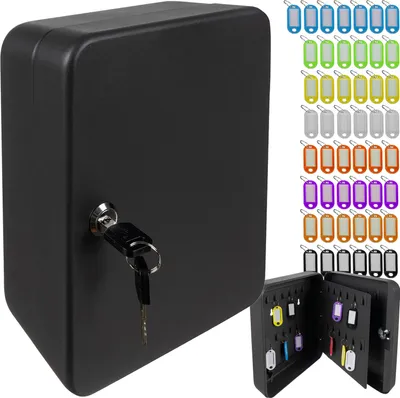 A black metal key cabinet with a key in the lock, and a separate display of colorful key tags.