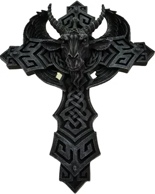 Produktbild von Mystisches Wandrelief Baphometschädel auf Kreuz Okkulte Kunststeinreplik 29cm
