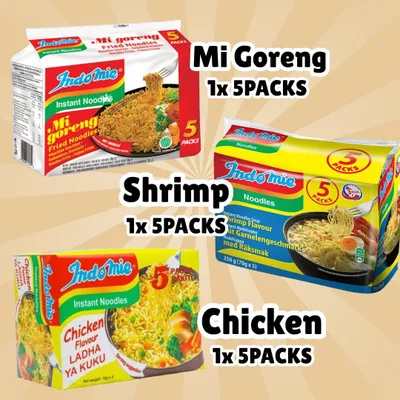 Produktbild von Indomie Instant Noodles Mix – 5× Mi Goreng, 5× Shrimp, 5× Chicken +Heartforcards Versandschutz