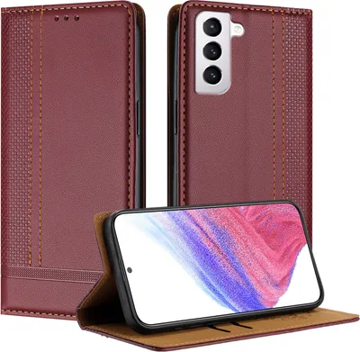 Produktbild von Handyhülle für Samsung Galaxy S21 5G Leder Flip Klappbare Schutzhülle mit Standfunktion Dunkelrot