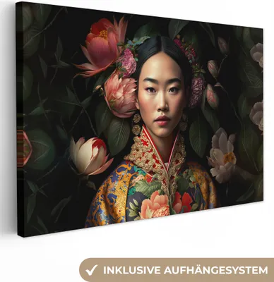 Produktbild von MuchoWow® - Leinwandbilder - Frau - Asiatisch - Kimono - Blumen - Porträt, Wandbild, Wanddeko Bilder Wohnzimmer, 60x40 cm