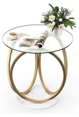 Produktbild von Runder Couchtisch, kleiner Beistelltisch aus gehärtetem Glas und Metallgestell, moderner Wohnzimmertisch, Sofatisch für Wohnzimmer, Büro und kleine Räume, 60 x 60 x 61,5 cm