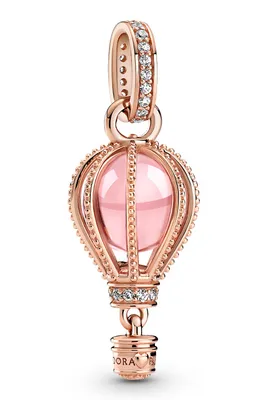 A rose gold hot air balloon charm with a pink glass sphere and clear stones.
