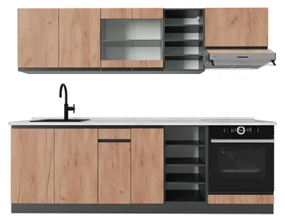 Immagine prodotto di Cucina componibile Vicco R-Line Rovere dorato/antracite 240 cm  J-Shape, PL Marmo, Model 43197