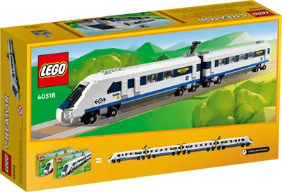 The image shows the packaging of a Lego Creator 40518 High-speed train set. The packaging features a large image of the assembled Lego train on a track, with a green, hilly landscape in the background. Smaller images of the train and its components are als