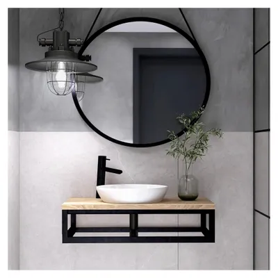 Produktbild von Waschtischplatte aus Eschenholz 60x35x21cm für Aufsatzwaschbecken - Massivholz Wandkonsole Schwarz, Hängender Waschbeckenunterschrank