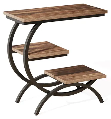 Immagine prodotto di Tavolino da divano - Tavolino da divano a forma di C - Tre ripiani - Struttura in ferro, design industriale, stile vintage - Dimensioni 30×60×65 cm - Marrone cioccolato