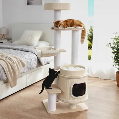 Produktbild von Kratzbaum groß, 151 cm, Katzenbaum Holz, Katzenkratzbaum mit dicken Stämmen, Plattformen, Katzenhöhle, Bett, Kratzpfosten & Hängematte, Katzenturm Kletterbaum Katzen, Grau+Natur