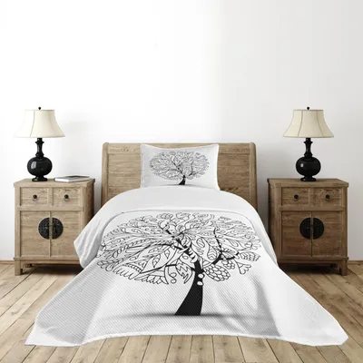 Produktbild von ABAKUHAUS Weiß Tagesdecke Set, Monochrome Doodle Baum mit abstrakten Blätter- Blumen Zweige Illustration, 170 x 220 cm, Charcoal Grau und Weiß