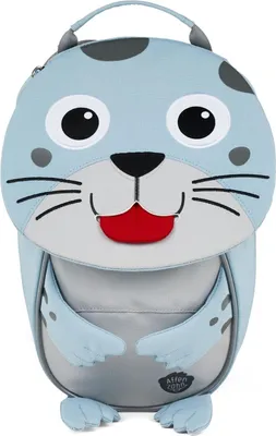A front view of a seal-shaped backpack for children.