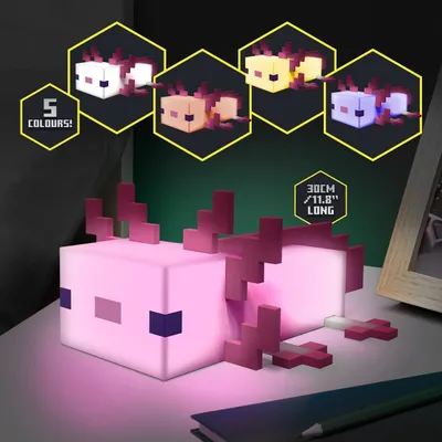 A pixelated axolotl light is shown on a desk, with smaller images of the light in different colors displayed in hexagonal frames above.