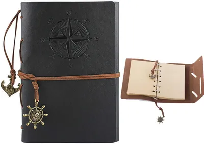 Produktbild von Vintage-Notizbuch aus Leder – mit Kompassrose – 15 x 10 cm – 6-Ring-Bindung – Tagebuch – Skizzenbuch – Blankopapier – Reisetagebuch – Grau-Schwarz