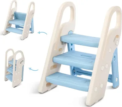 Produktbild von Onasti Tritthocker für Kinder, 2-3 Stufen höhenverstellbar und faltbar Kinderschemel mit Handhaben, für Bad, Küche und Kleinkinderzimmer, Blau