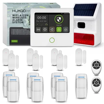 Image de Système d'alarme HUXGO avec Wi-Fi, GSM et 4G : kit comprenant une sirène solaire, 7 détecteurs de mouvement et 7 capteurs de porte