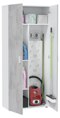Produktbild von Mehrzweck-Kabinett Dferre, Beistellschrank mit 2 Türen, Kleiderschrank mit 2 Türen und 3 Einlegeböden, 80x37h182 cm, Zement und Weiß