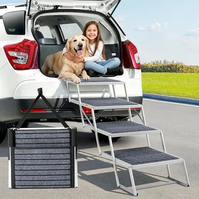 Imagen del producto de Escalera para perros para coche, con alfombra, extra ancha, 4 escalones. Rampa para perros para coche, plegable, ligera. Rampa para perros para coche, plegable, antideslizante, ideal para camiones y SUV, con capacidad de carga de hasta 100 kg